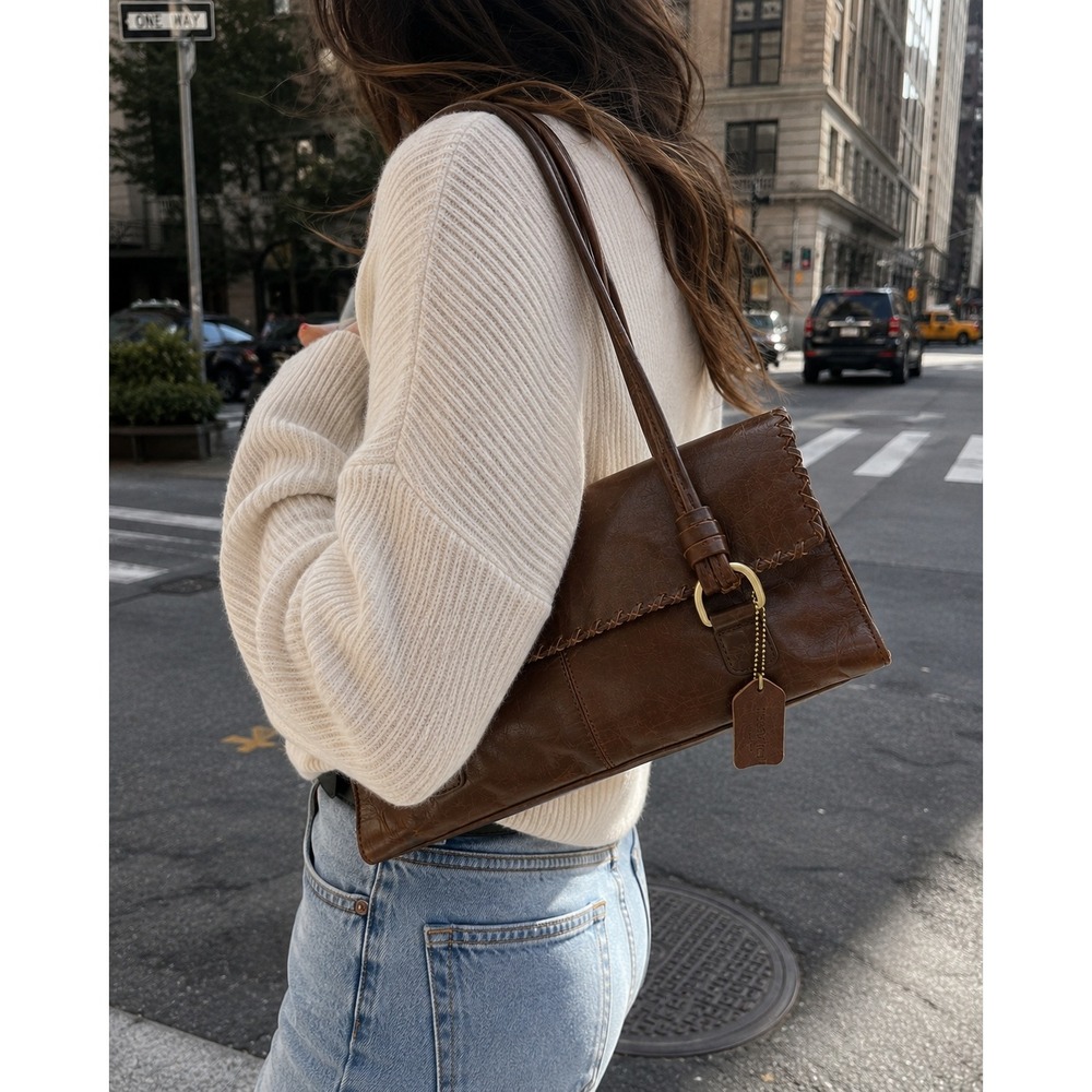 Vintage Y2K Brown Genuine Leather Whipstitch Shoulder Tote‎ Bag Boho Western
